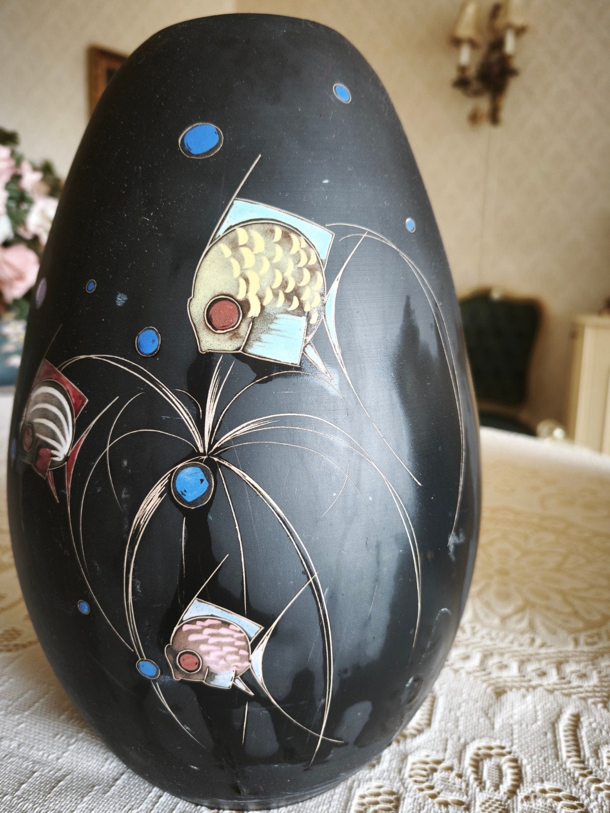 Vintage zwarte Vaas 35 cm, Antiek en Kunst, Ophalen of Verzenden, 35 cm, Zwart, Steen/keramiek