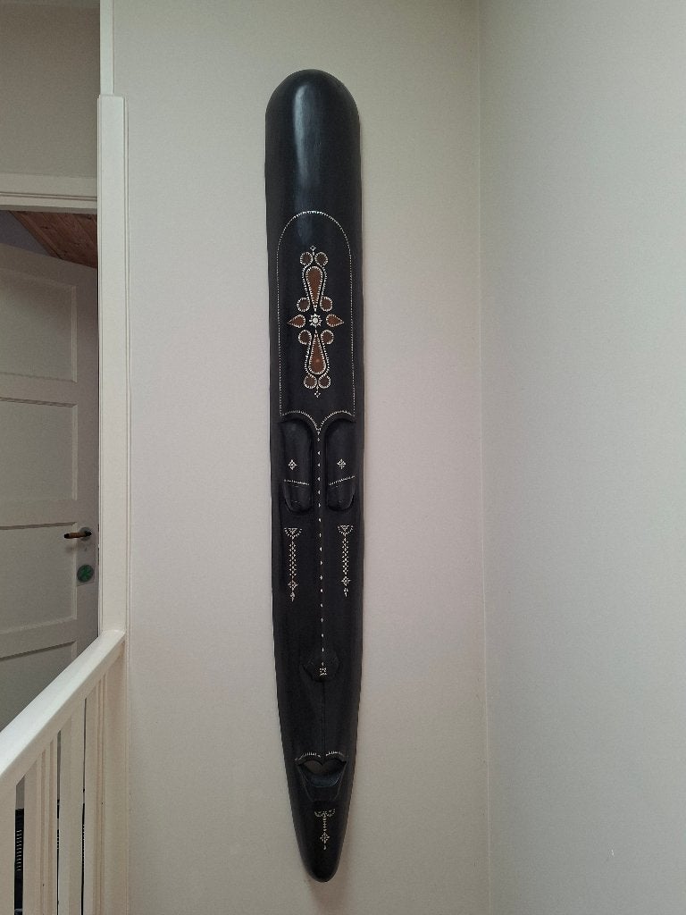 Groot Afrikaans masker-hout met parelmoer inlegwerk–200 cm, Afrika, Masker, Zwart, Handgemaakt