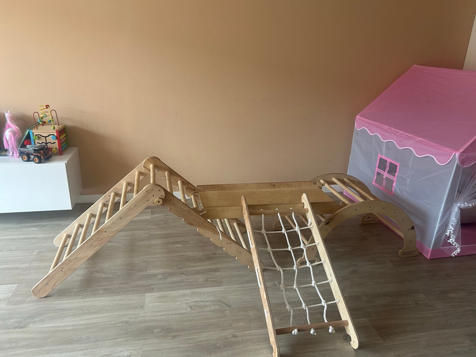 Montessori Klimrek Set: Driehoek, Klimboog, Glijbaan, Touwne, Ophalen, Zo goed als nieuw, Glijbaan