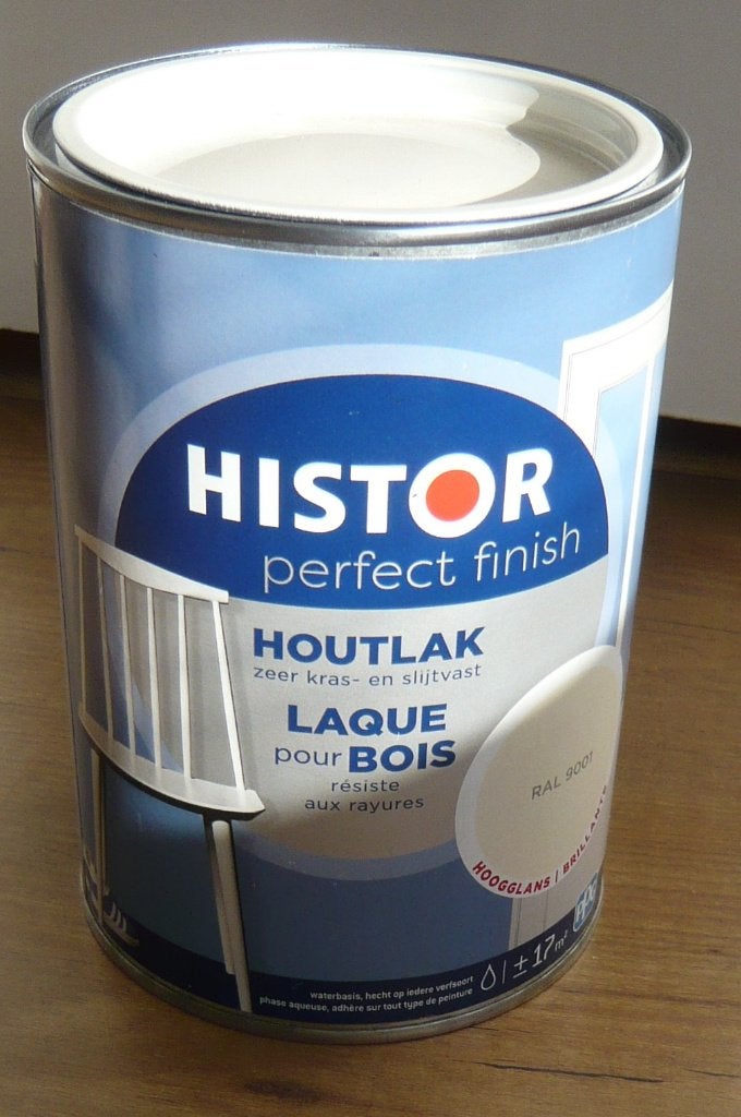 Histor Perfect Finish Houtlak Hoogglans 9001 1,25L ca. 17m2, Doe-het-zelf en Verbouw, Verf, Beits en Lak, Wit, Nieuw, Ophalen of Verzenden
