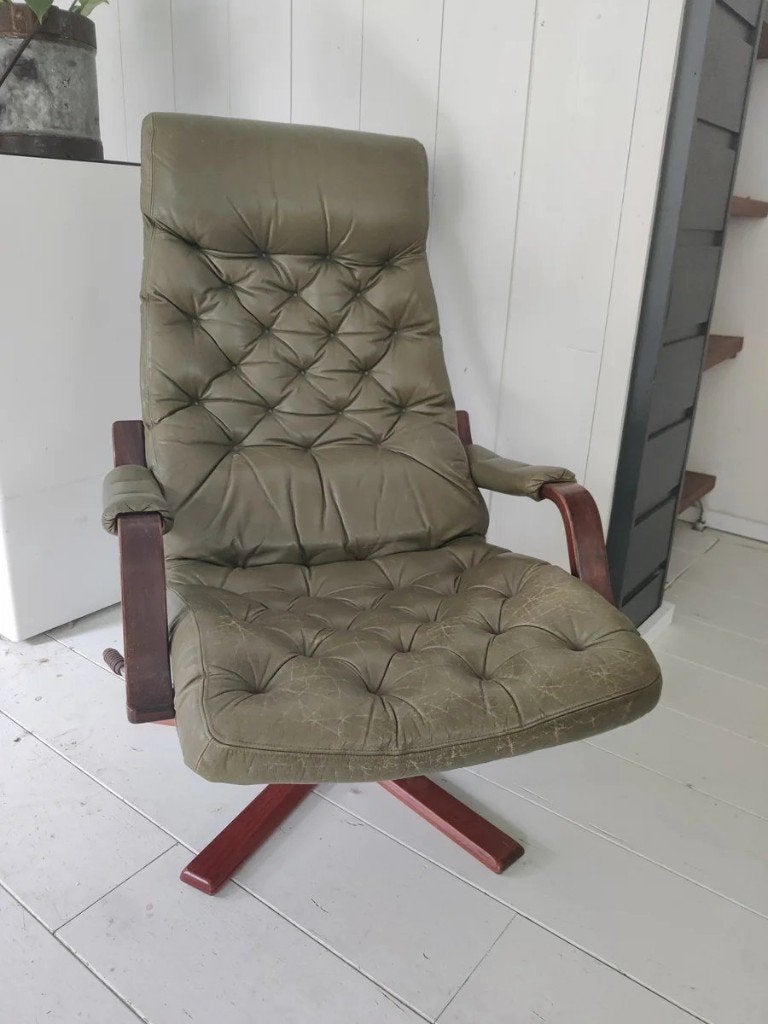 Vintage Scandinavische Draaifauteuil Groen Leer, Ophalen, N/a, N/a, 75 tot 100 cm