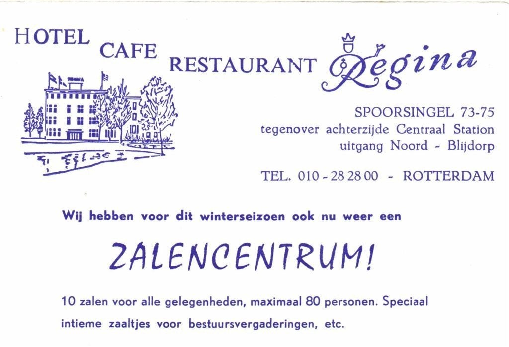 Hotel Cafe Restaurant Regina, Rotterdam - 09.1971 - drukwerk, Ophalen of Verzenden, Briefkaart