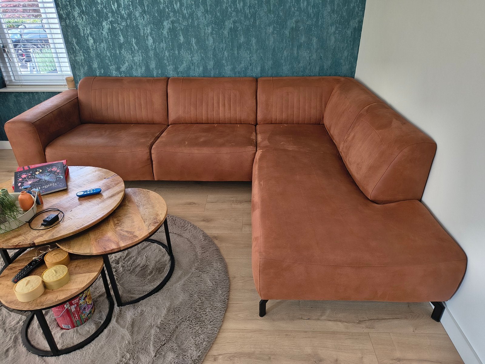 Comfortabele Hoekbank - Bruin Microleder, Ophalen, 250 tot 300 cm, Gebruikt, 100 tot 125 cm