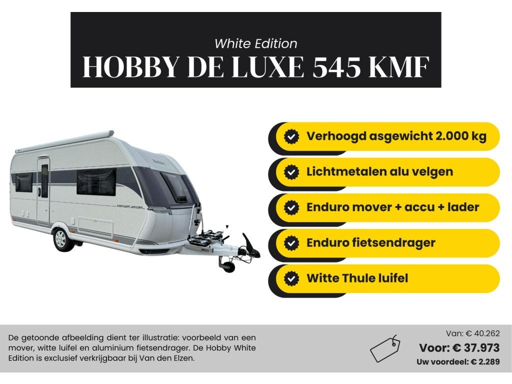 Hobby De Luxe 545 KMF White Edition Actiepakket, Caravans en Kamperen, Caravans, Hobby, Bedrijf, Treinzit, Overige typen