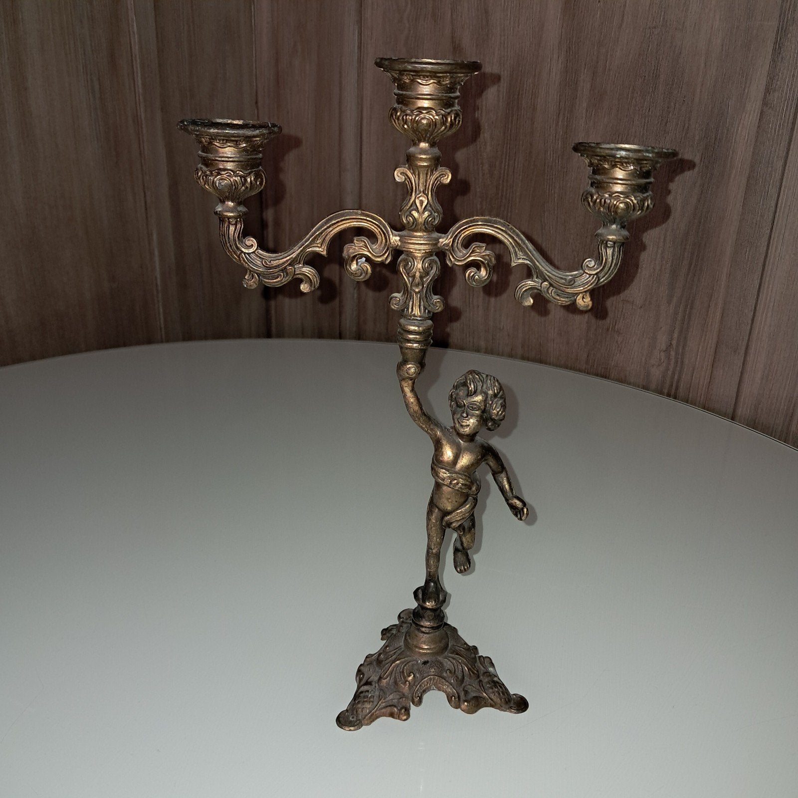 Antieke kandelaar met cherubijn - 3-armig, Ophalen of Verzenden, Koper of Brons