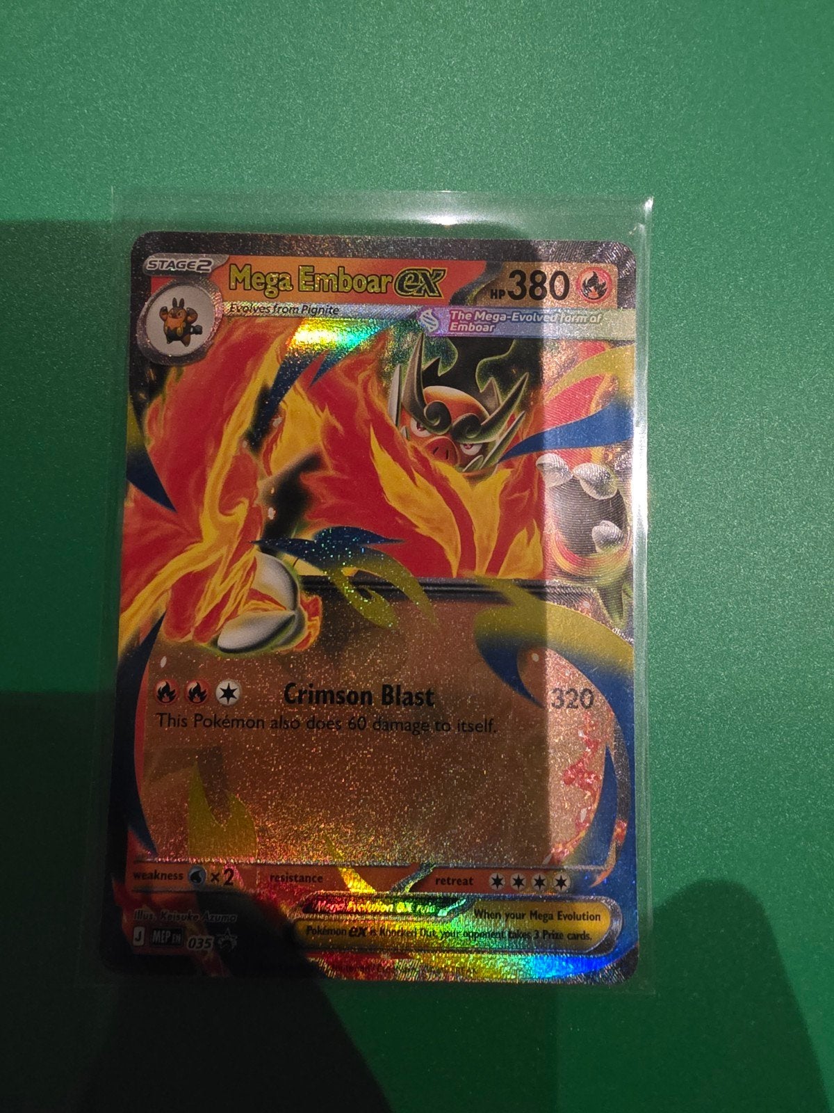 Mega Emboar EX Pokémon Kaart, Ophalen of Verzenden, Zo goed als nieuw, Losse kaart, Foil