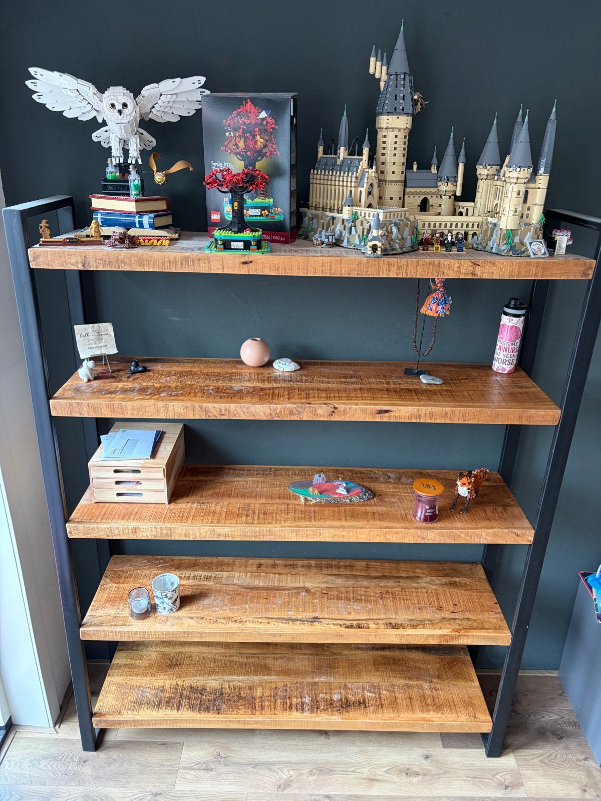 Boekenkast van mangohout en metaal, Ophalen, Met plank(en), Gebruikt, 200 cm of meer