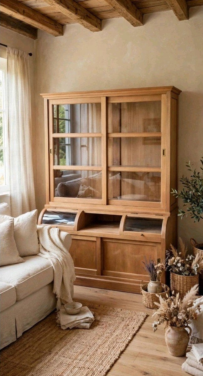 Mooie Teak houten  Buffet/Vitrinekast-Facet geslepen glas, Ophalen, Landelijk teak, 200 cm of meer, 50 tot 75 cm