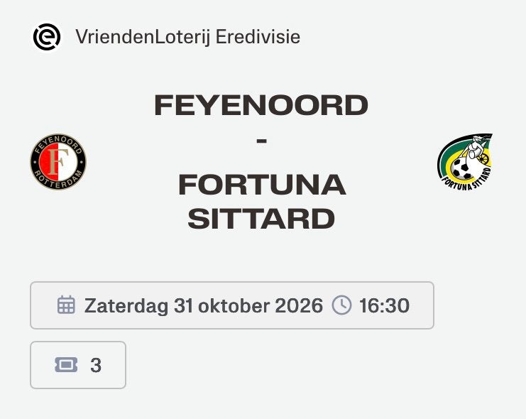 TE KOOP | 3x | tickets | kaarten | Feyenoord-Fortuna Sittard, Losse kaart, Drie personen of meer, Oktober