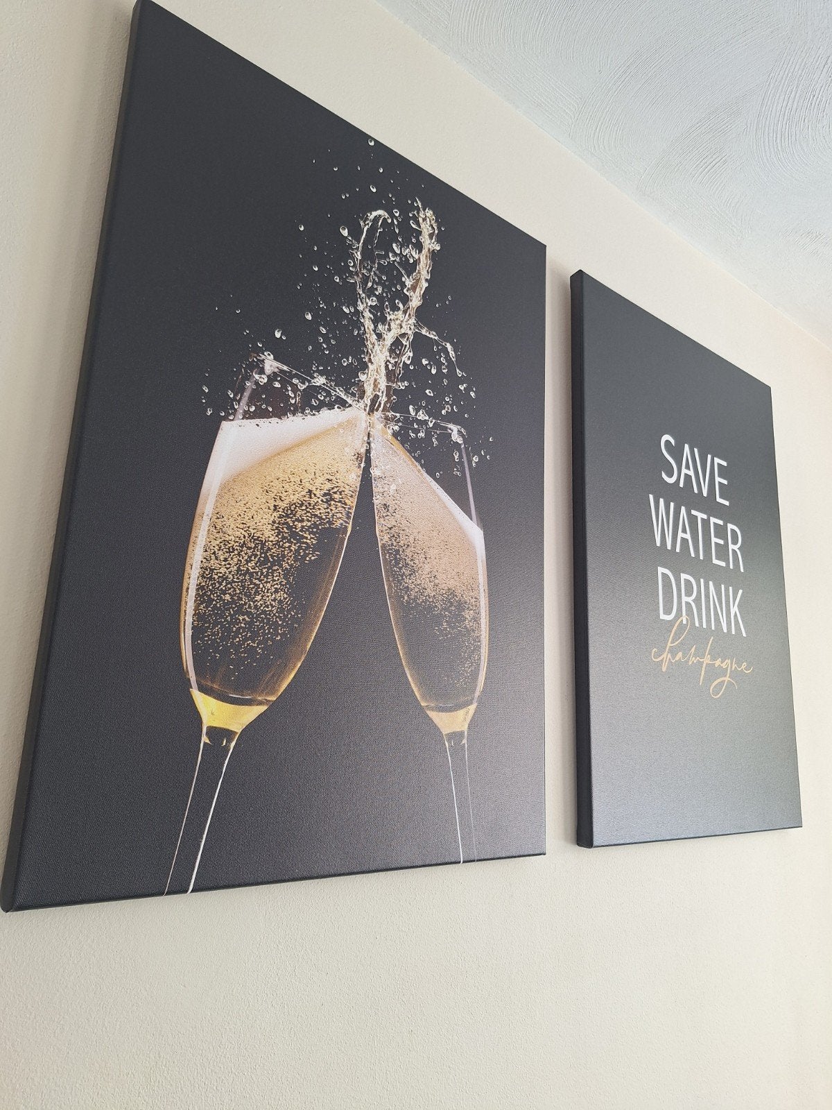 2 Canvas Schilderijen: Champagne & Quote 50x70, Ophalen, 50 – 75, Zo goed als nieuw, Schilderij