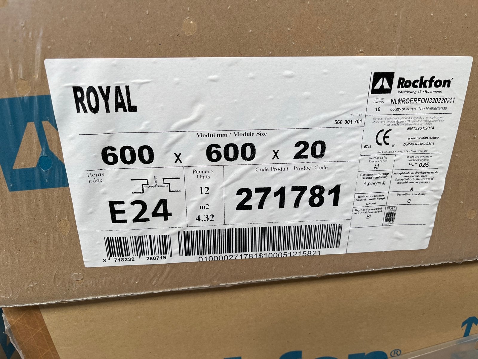 Rockfon Royal E24 Plafondplaten wit 600x600x20mm - 47m², Doe-het-zelf en Verbouw, Ophalen, Nieuw