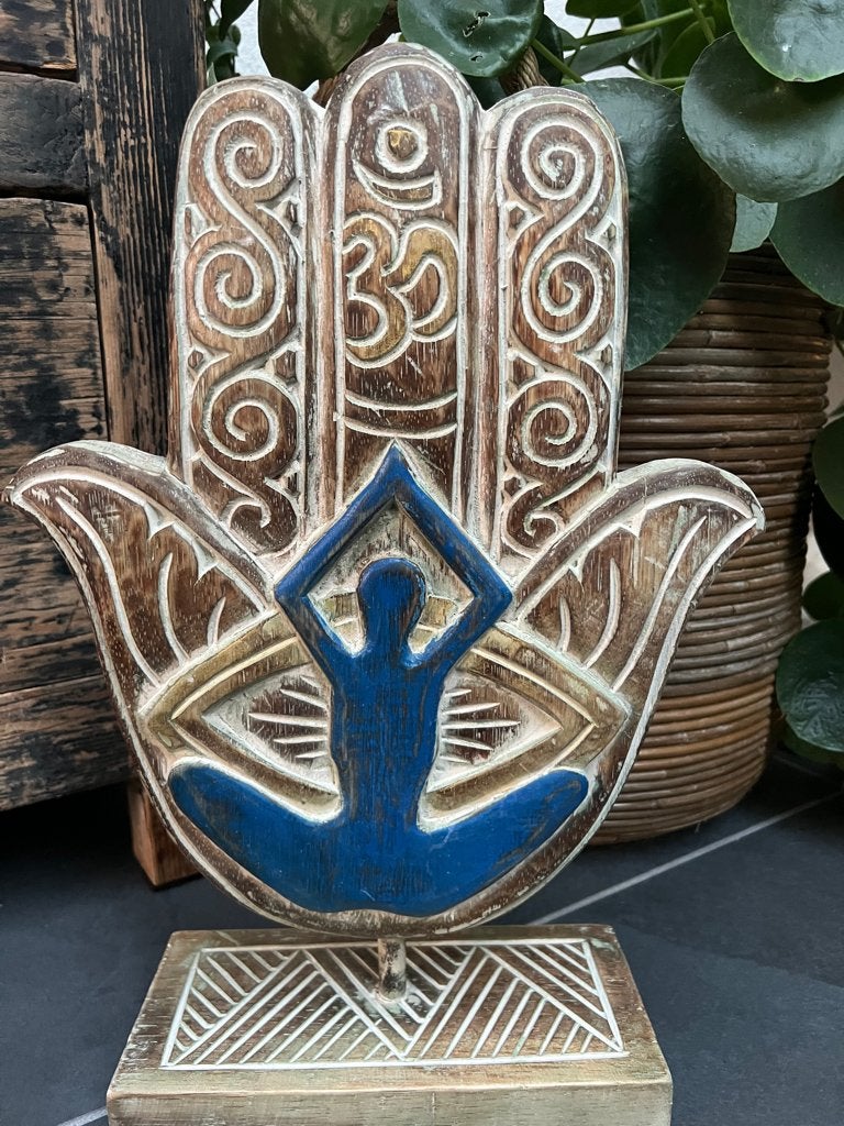 Houtsnijwerk hand fatima fatma hamsa yoga zen decoratie 42cm, Huis en Inrichting, Woonaccessoires | Overige, Nieuw, Hout, Bruin