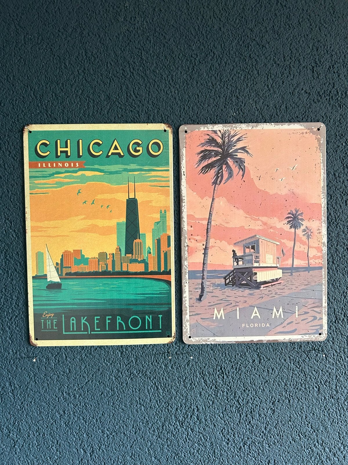 Metalen borden 20x30 cm - Chicago & Miami, Vintage, Gebruikt, Meerkleurig, Ophalen of Verzenden