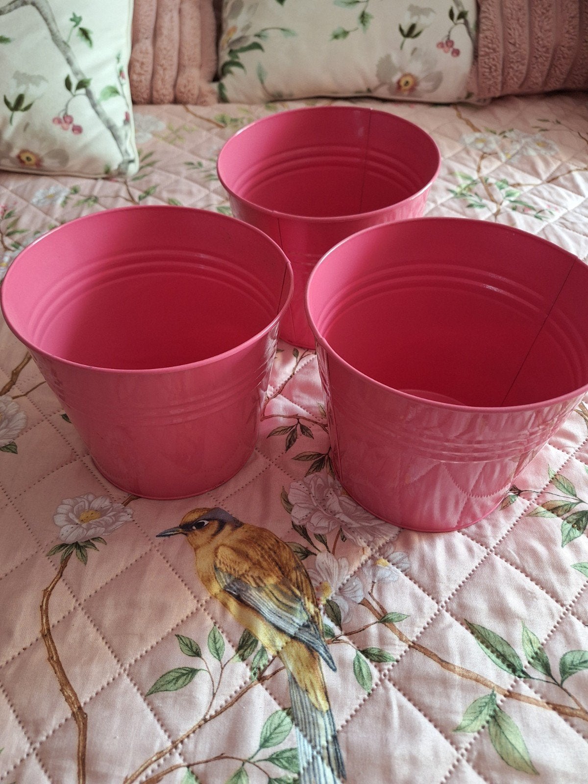 Set van 3 roze metalen bloempotten, Tuin en Terras, Bloempotten, Ophalen, Gebruikt, Metaal, Binnen