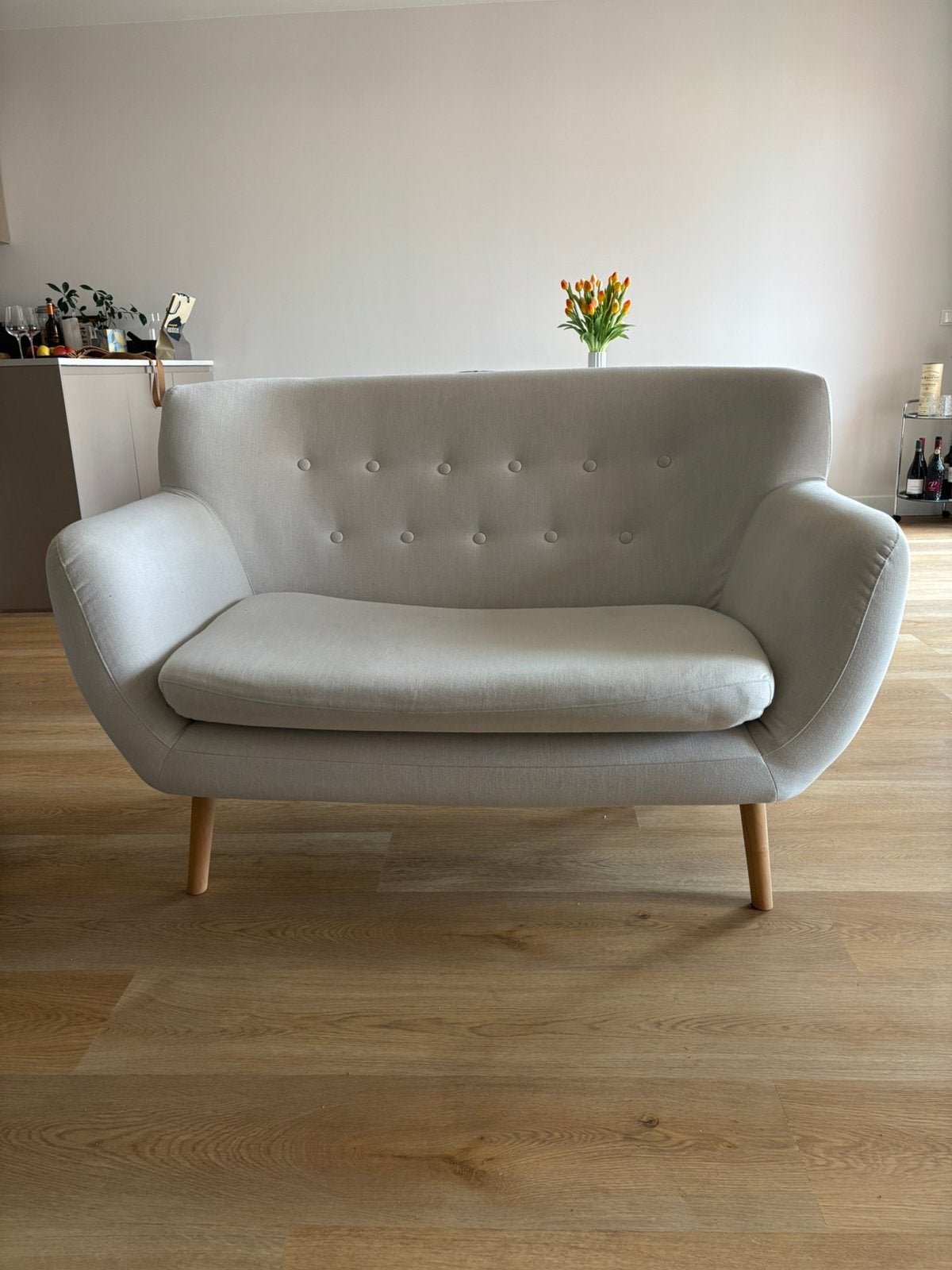 Greige bankje, Huis en Inrichting, Banken | Sofa's en Chaises Longues, Ophalen, Gebruikt, Tweepersoons, 75 tot 100 cm