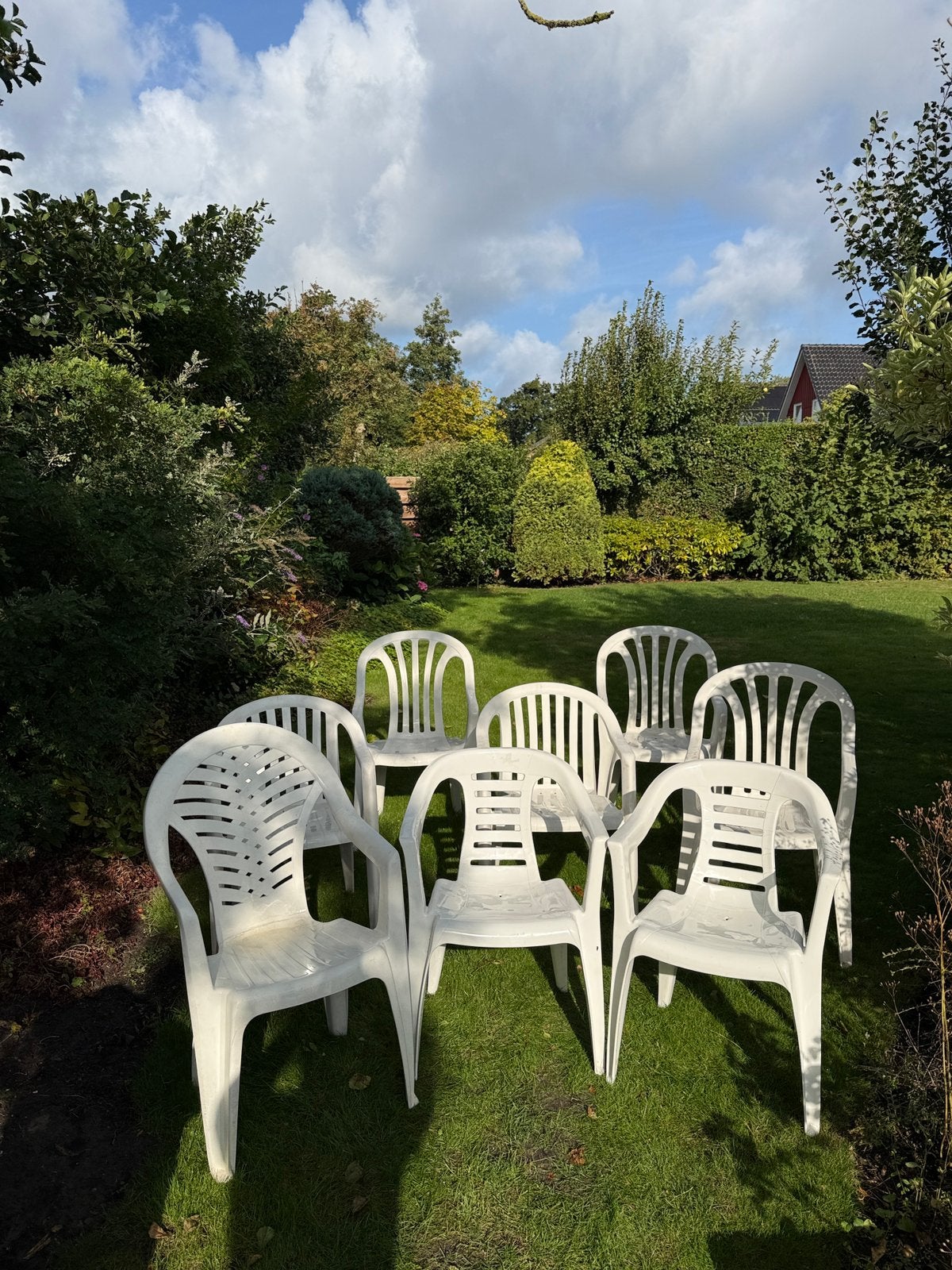 8 witte tuinstoelen, Tuin en Terras, Tuinstoelen, Ophalen, Gebruikt, Kunststof