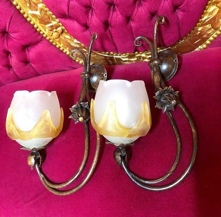 2 Wandlampen klassiek art deco messing brons, dikke kap glas, Glas, Overige fittingen, Ophalen of Verzenden, Overige kleuren
