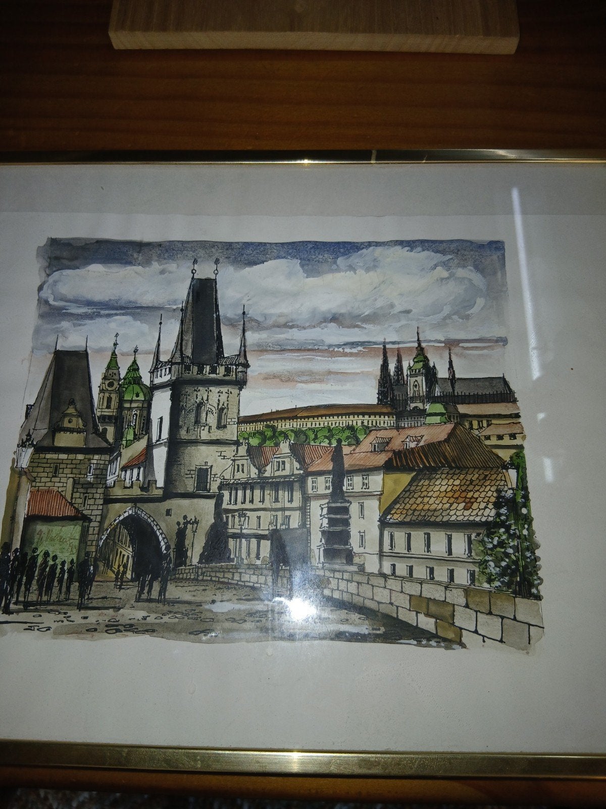 Stadsgezicht Praag - Aquarel, Antiek en Kunst, Kunst | Schilderijen | Modern, Figuren, Aquarel, Achter glas, Ophalen of Verzenden