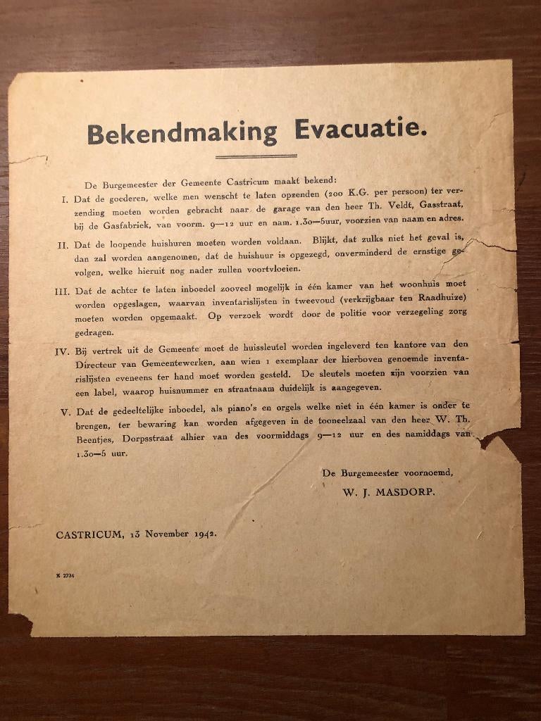 Affiche  13-11-42 Evacuatie Castricum i.v.m. de bouw van de, Verzamelen, Militaria | Tweede Wereldoorlog, Ophalen of Verzenden