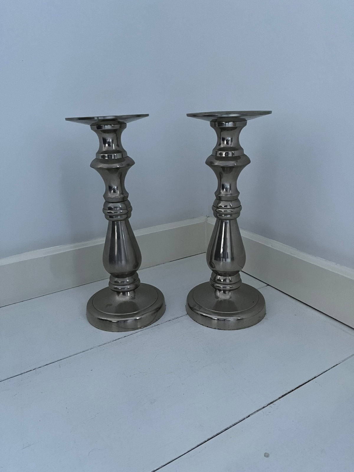 2 zilveren kandelaars , 42.5 x 17 cm, Ophalen, Overige materialen, Gebruikt, Kandelaar