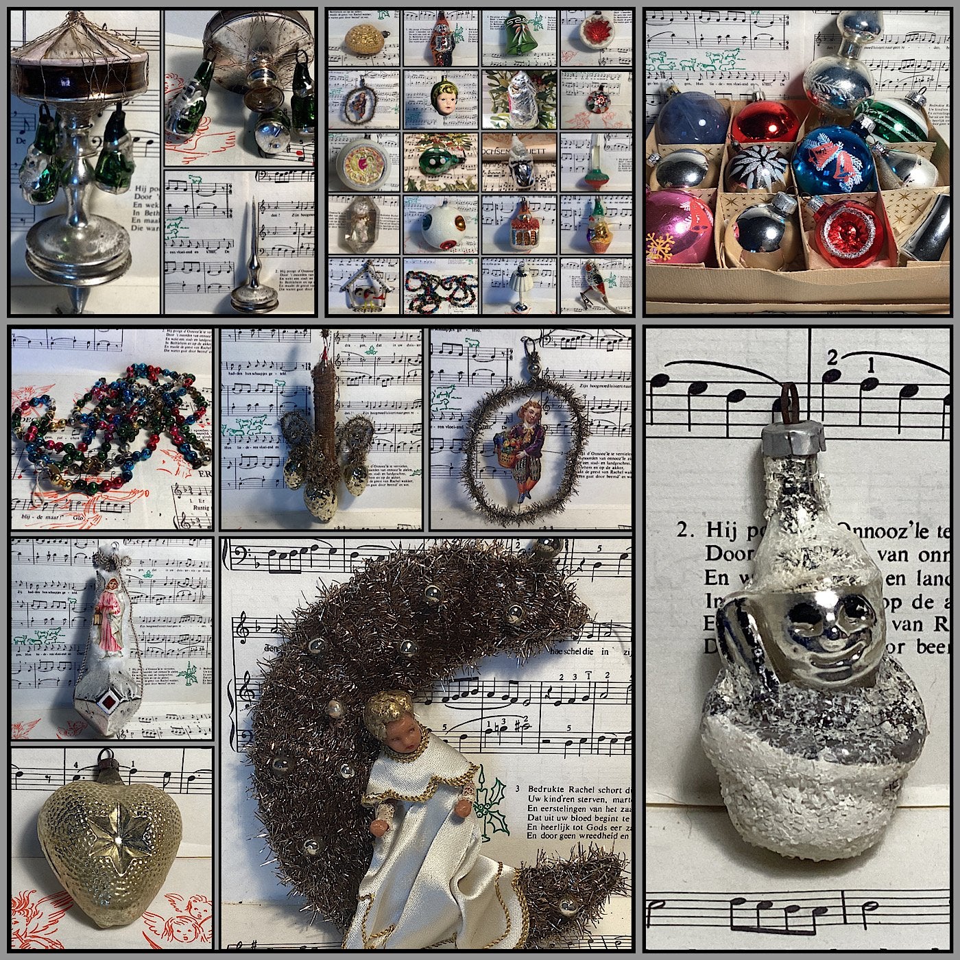 Oude kerstbal, kerstpiek, tinsel, kralensnoeren, deukballen., Diversen, Ophalen of Verzenden, Gebruikt