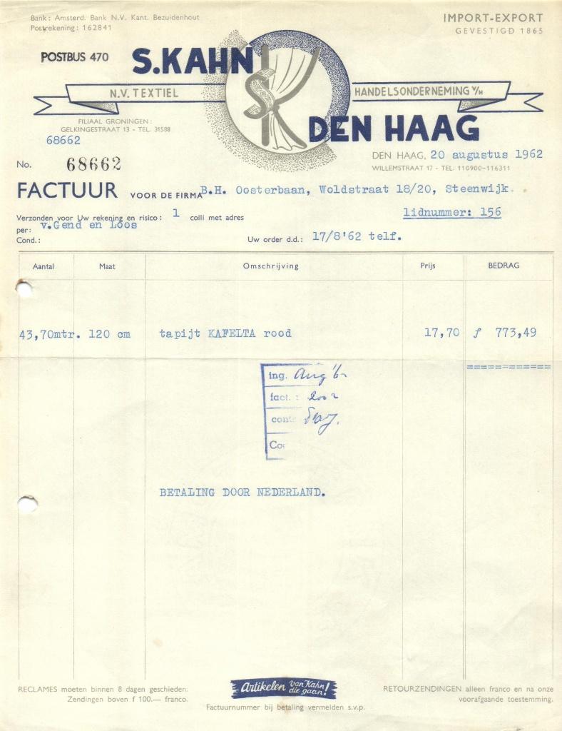 Oude factuur S. Kahn - Textiel -Den Haag, Verzenden, Gebruikt