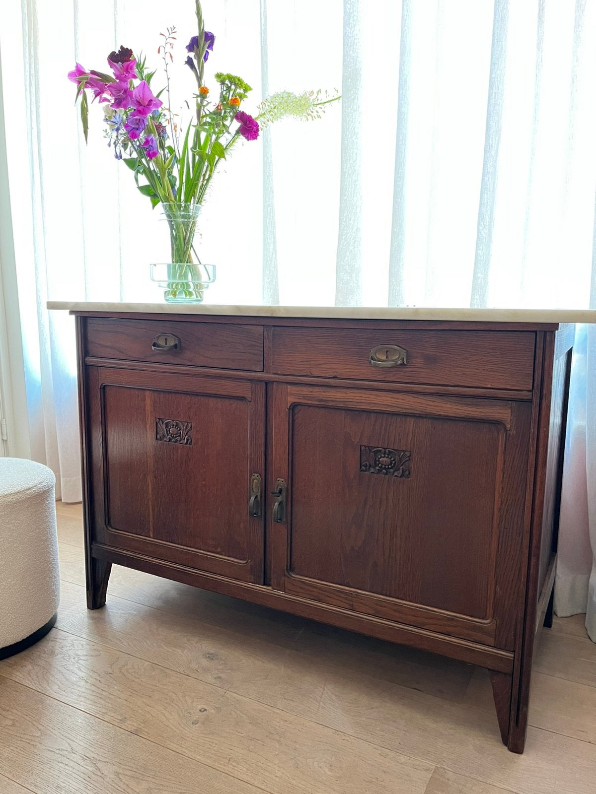 Vintage commode met marmeren blad, Ophalen, 50 tot 70 cm, 90 tot 105 cm, 100 cm of meer