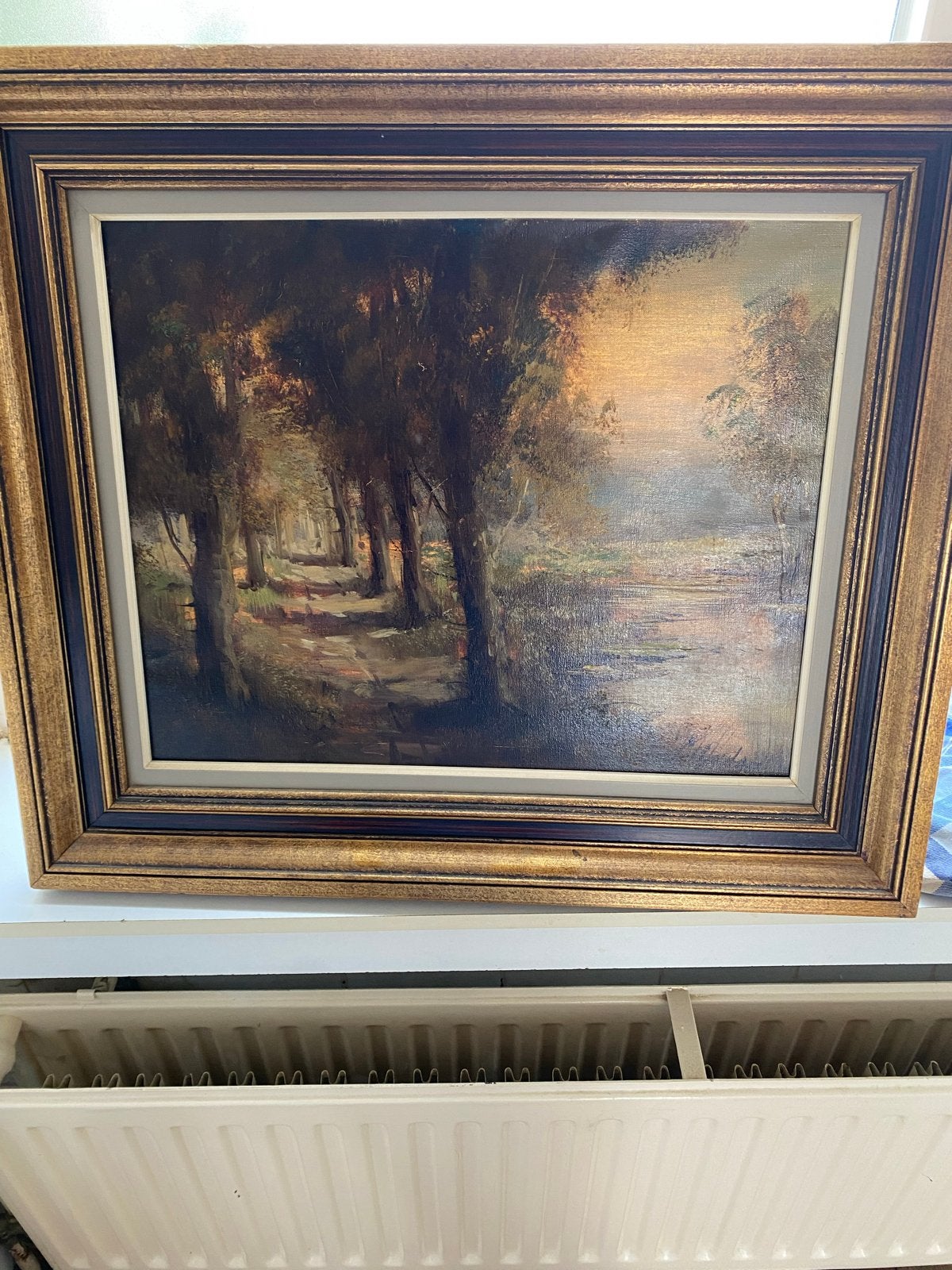 Schilderij: Bospad met water, olieverf op doek, ingelijst, Antiek en Kunst, Ophalen, Doek, Gesigneerd, Landschap