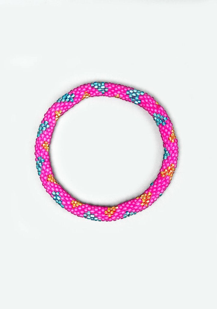Glaskralen armband - roze met suikerspinharten - RB354, Overige materialen, Overige kleuren, Nieuw, Ophalen of Verzenden
