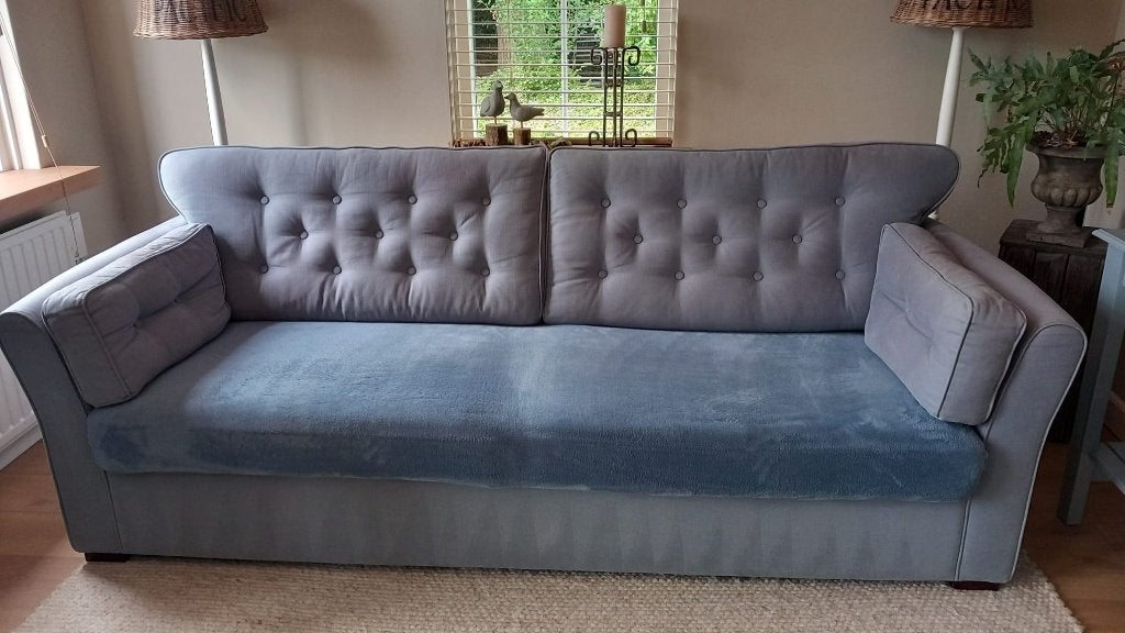Landelijke  blauwe 3-zitsbank, Gebruikt, Driepersoons, 75 tot 100 cm, Ophalen of Verzenden