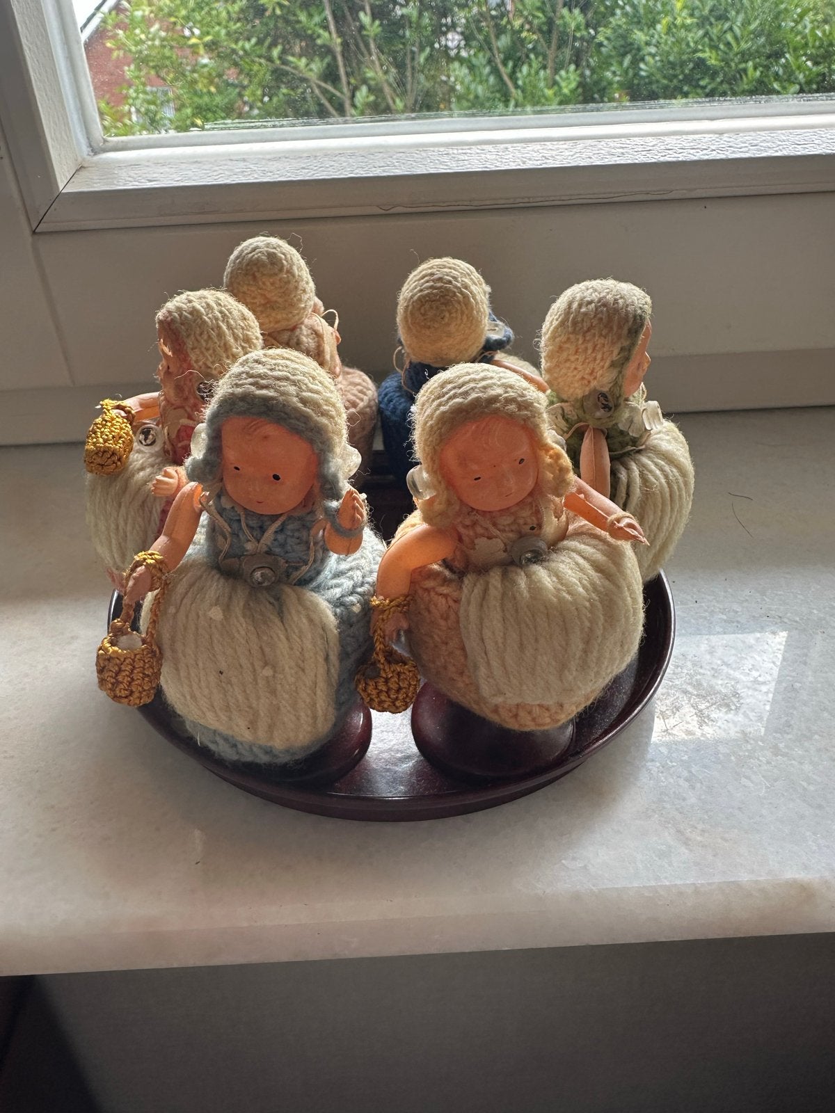 6 Vintage eierdopjes eierwarmers op dienblad, Antiek en Kunst, Ophalen of Verzenden