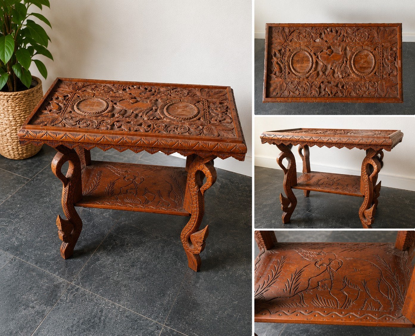 Prachtig gesneden houten bijzettafel met olifanten, Ophalen of Verzenden