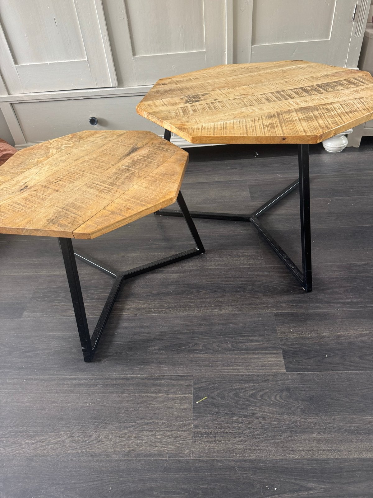 Set van 2 houten bijzettafels, achthoekig, Ophalen, Gebruikt, 55 tot 75 cm, Overige vormen