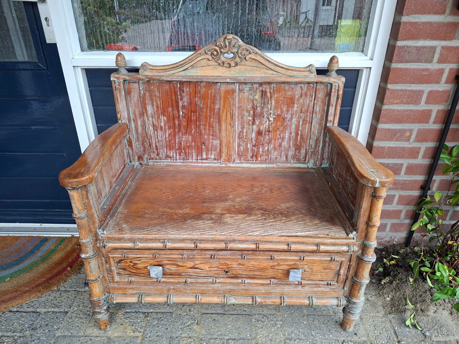 Brocante houten bank / stoel met lade, Ophalen