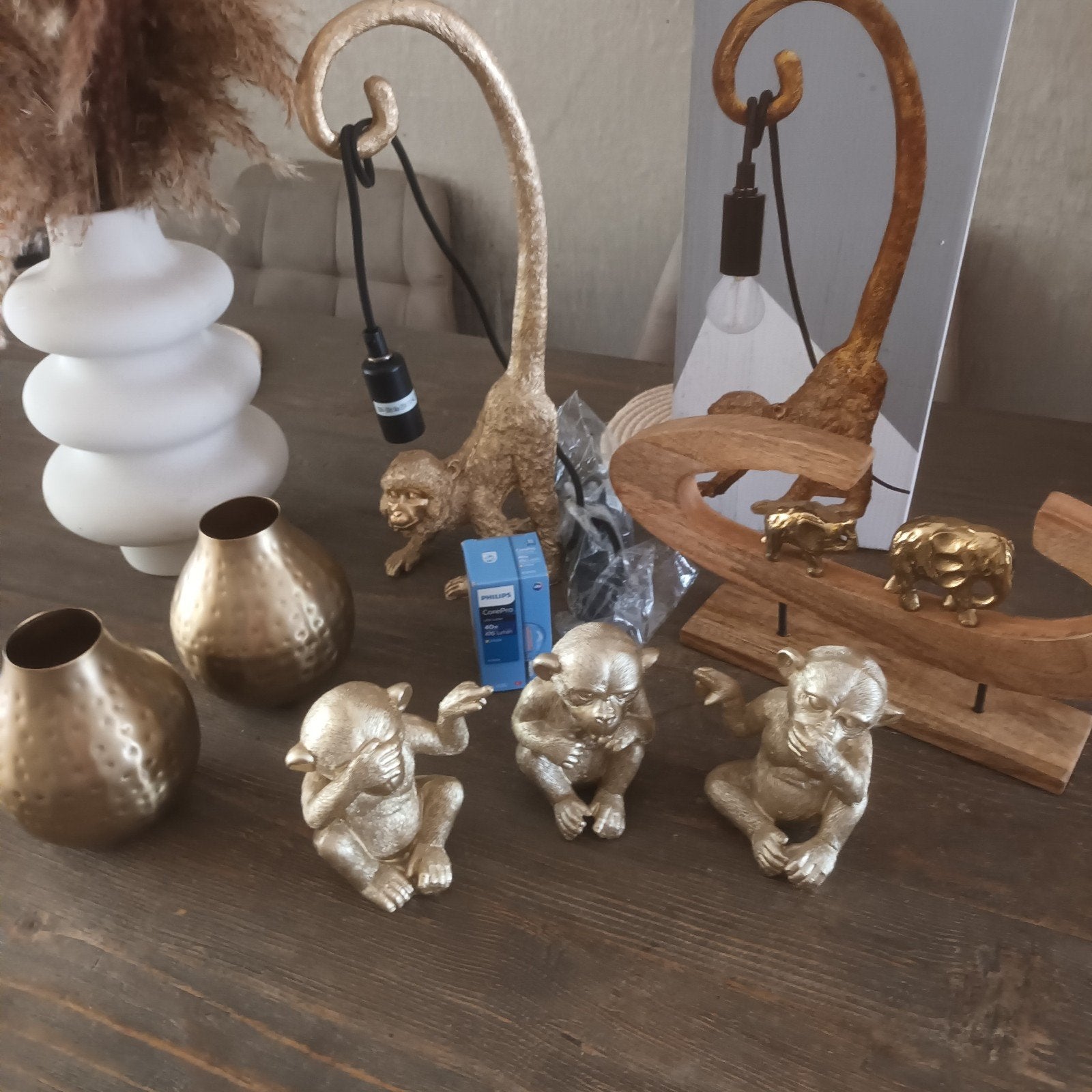 Leuke gouden set: aaplamp, aapjes, vazen en olifanten, Ophalen, Zo goed als nieuw, Goud, Hout