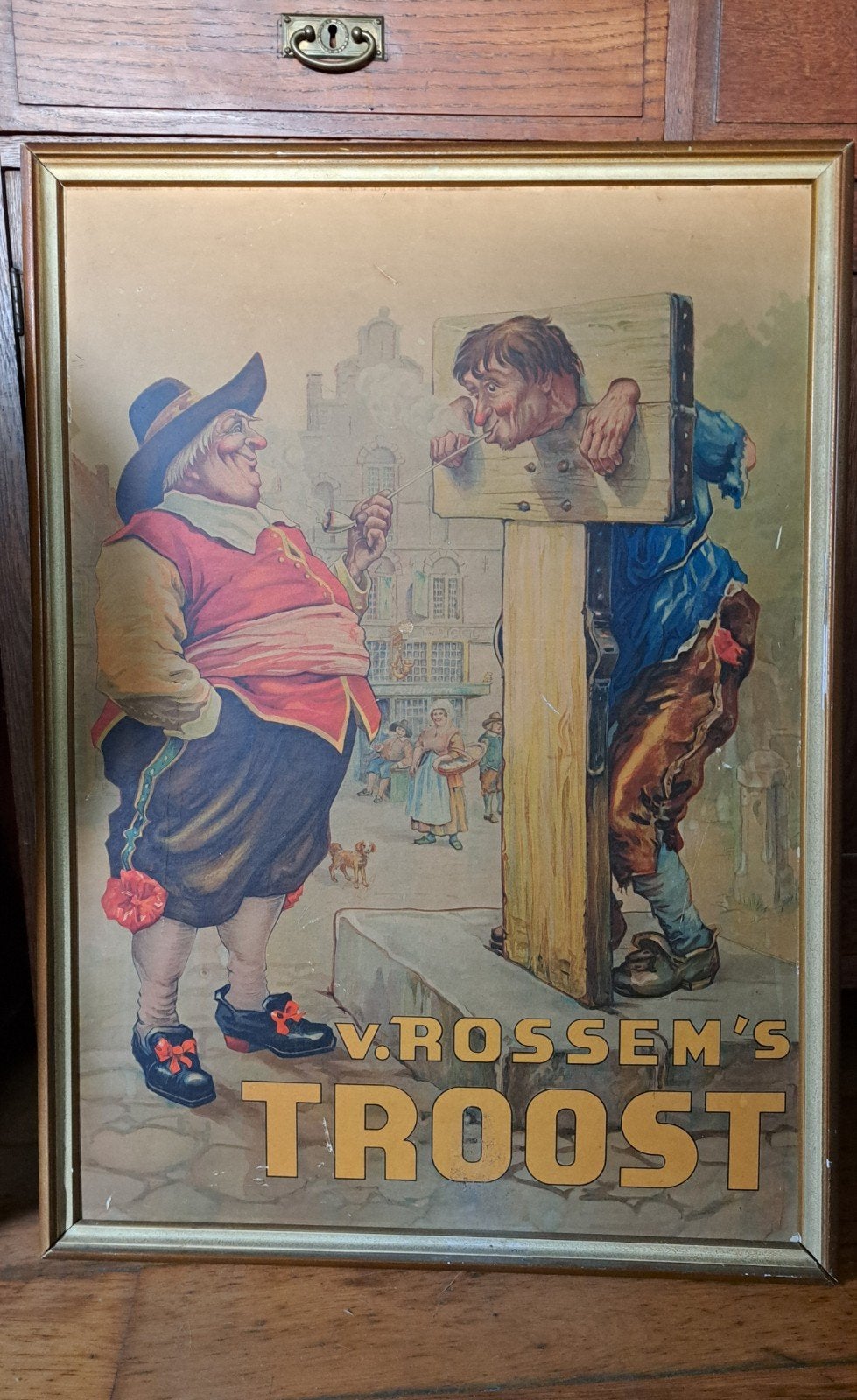 Groot Antiek Reclamebord V. Rossem's Troost 1910, Ophalen of Verzenden, Gebruikt, Reclamebord
