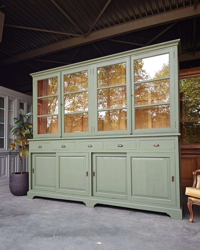 Mosgroene winkelkast | Buffetkast gemaakt van teak #576, Niet ingevuld, Glas, Met deur(en), 200 cm of meer
