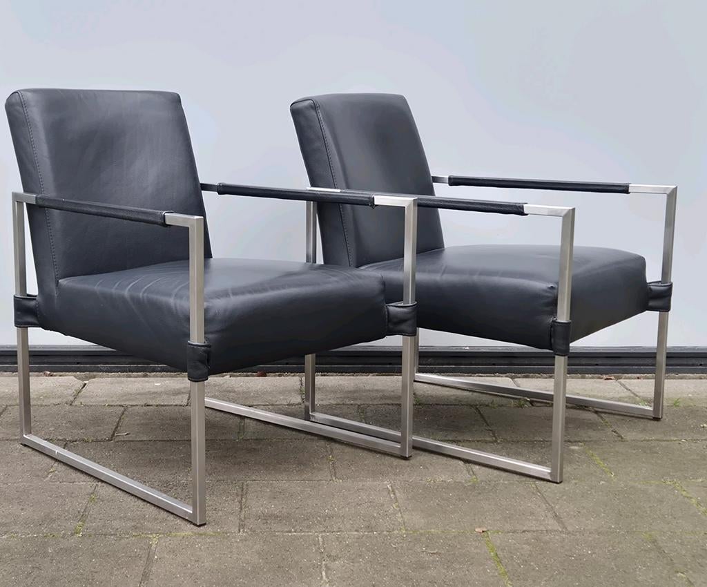 Top design fauteuils Bert Plantagie zwart leer rvs  clark, Ophalen, Minder dan 75 cm, Zo goed als nieuw, Design arco frame stijl