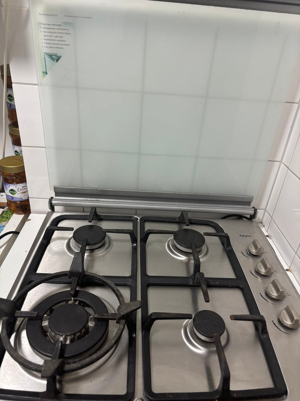 R.v.s. kookplaat met wokbrander en electronisch ontsteking, Ophalen, Gebruikt, Minder dan 85 cm, 4 kookzones