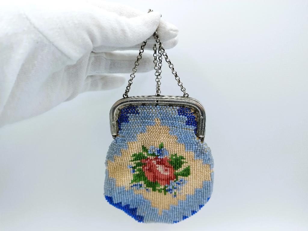 Zilveren beursbeugel met kralentas, 1840, Verzenden, Zilver