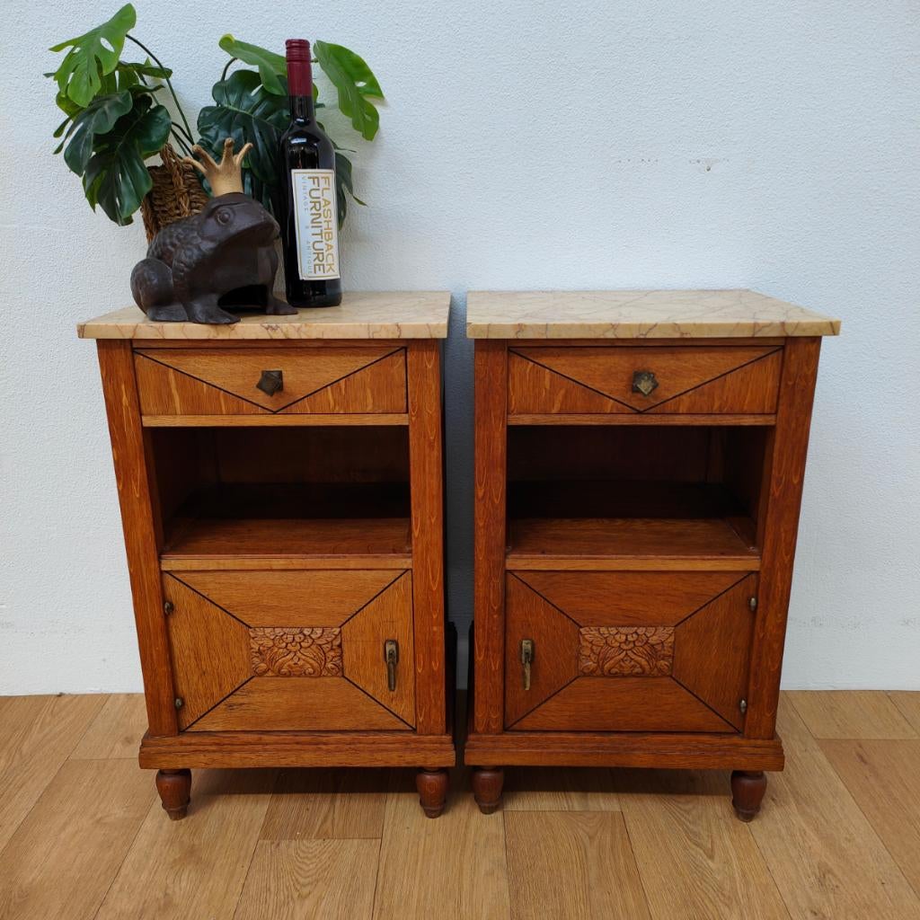 Vintage Art Deco nachtkastjes, bijzetkastjes marmer blad 912, Valkenswaard, Gebruikt, Minder dan 45 cm, Info@flashbackfurniture.nl