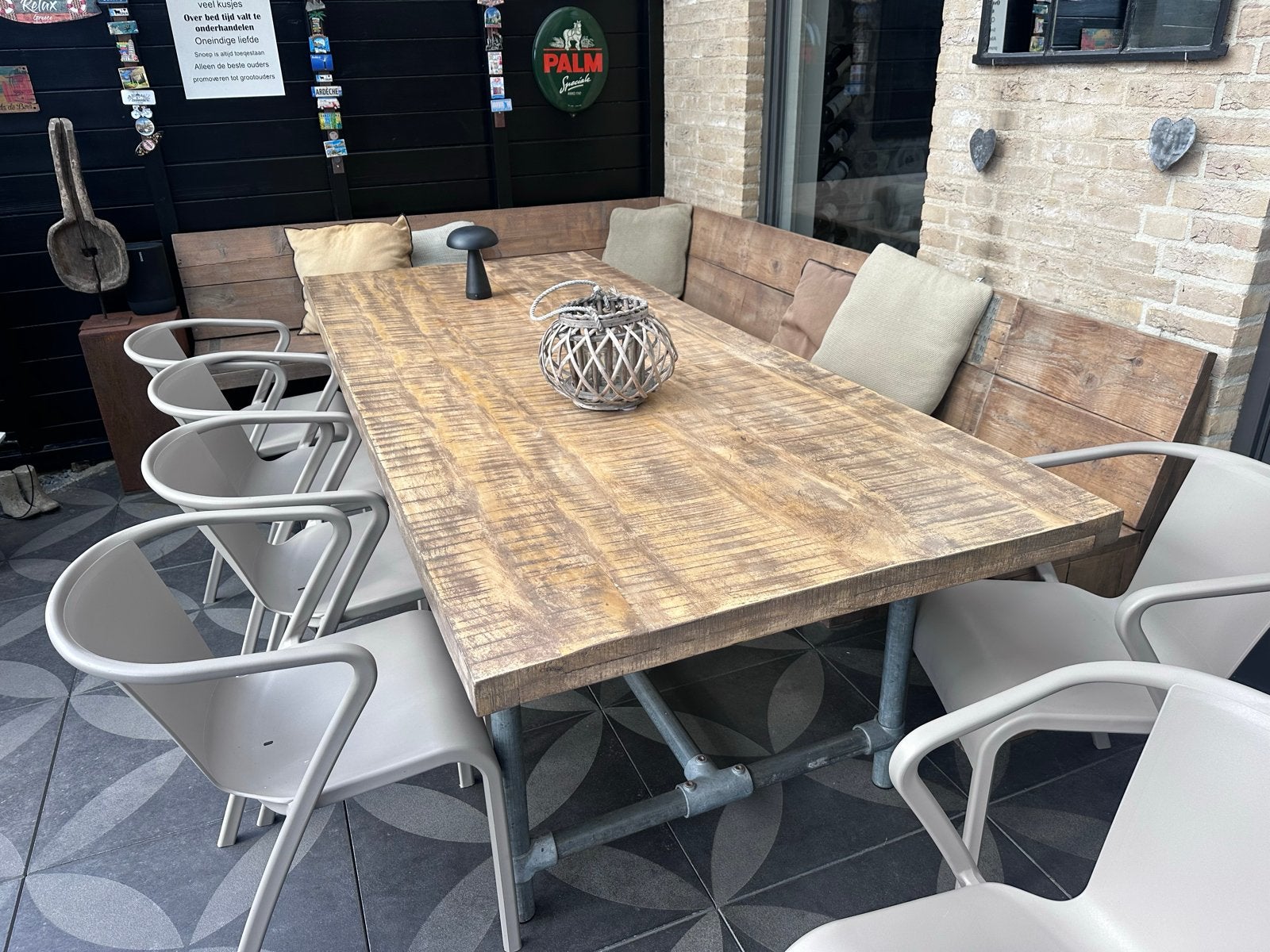 Robuuste houten tuintafel met stijgerbuizen onderstel. ., Ophalen, Gebruikt, Rechthoekig, Metaal