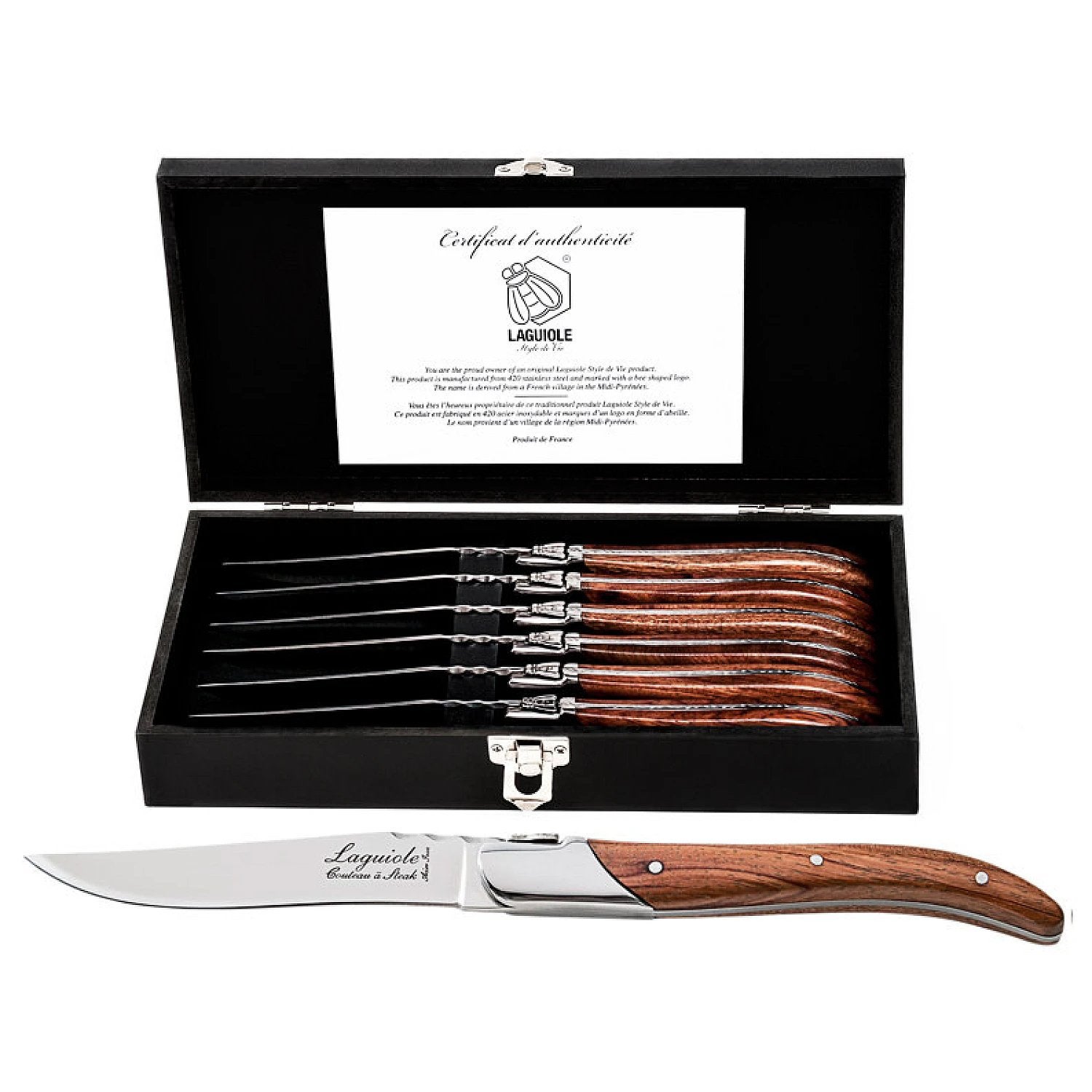 Laguiole Rozenhout Steakmessen 6x, Ophalen, Zo goed als nieuw, Rvs of Chroom