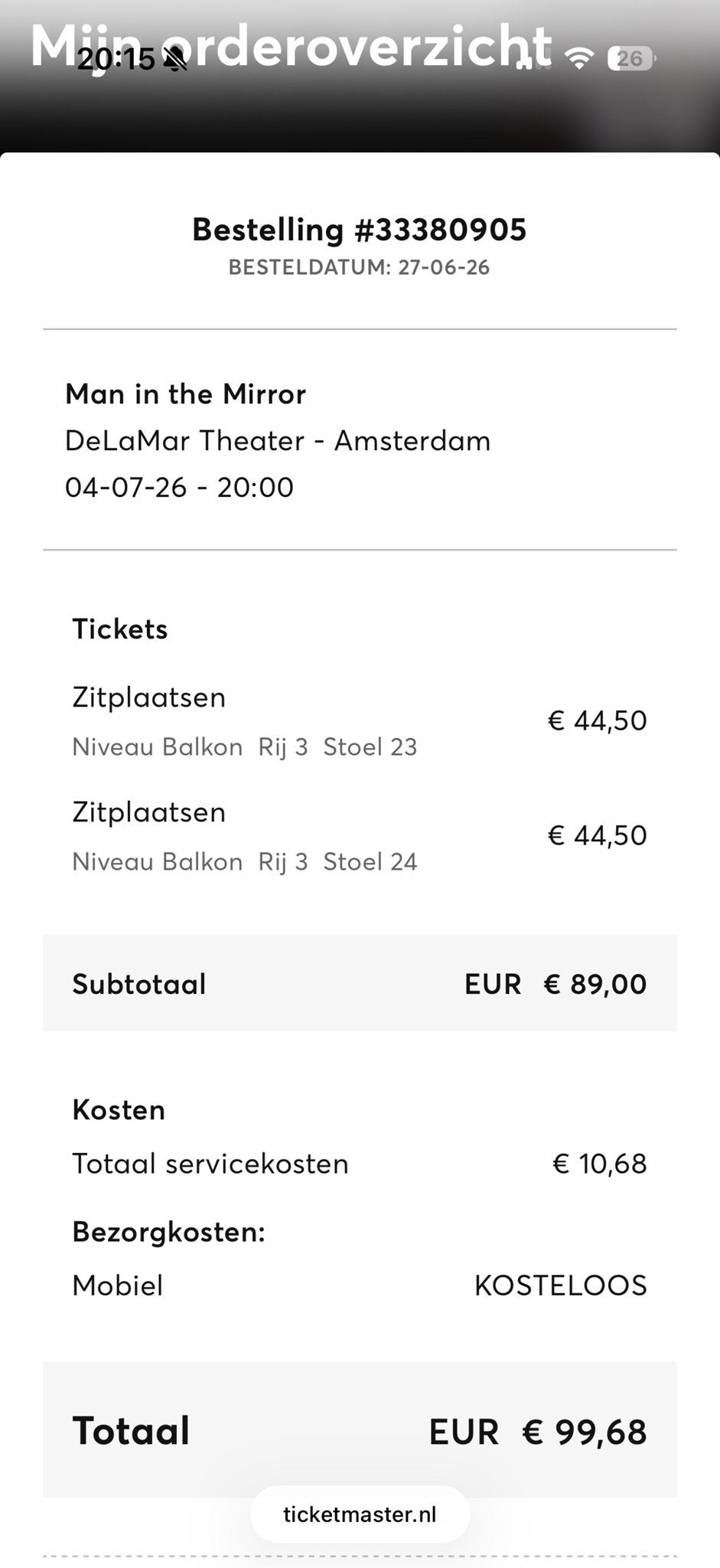 2 tickets voor Man in the Mirror, Tickets en Kaartjes, Twee personen, Juli