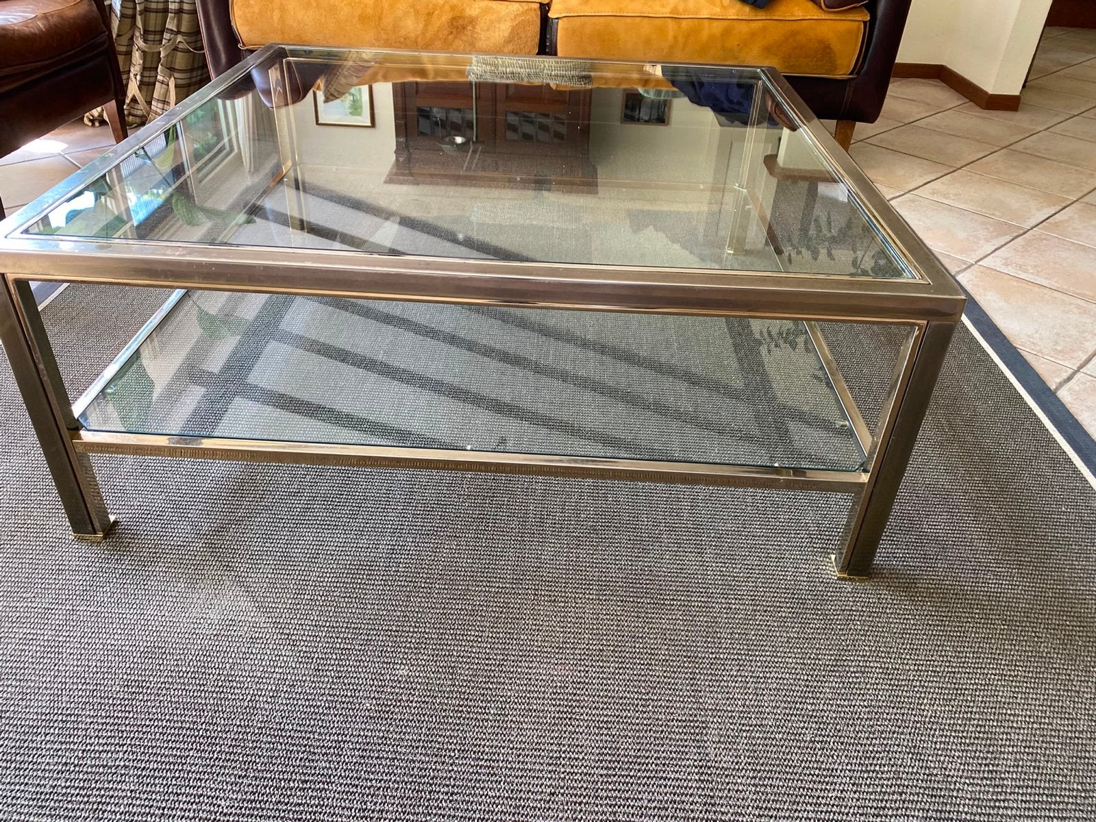 Glazen salontafels met messing frame, Ophalen, Gebruikt, 50 tot 100 cm, 100 tot 150 cm
