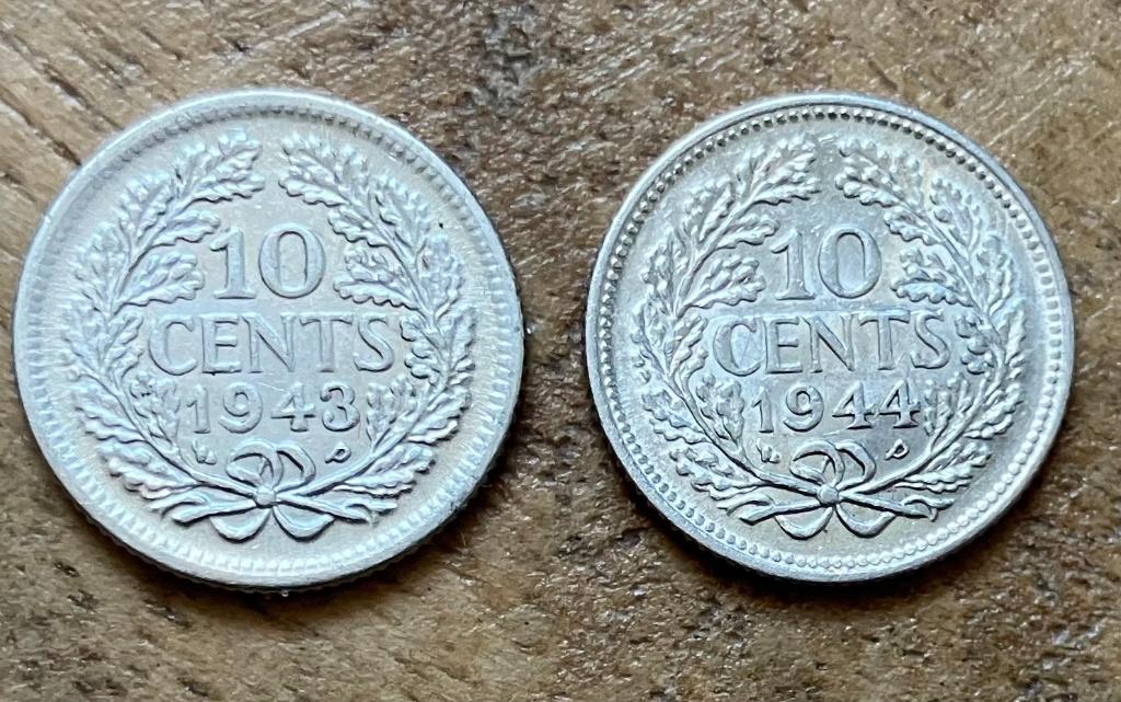 10 cent 1943 EP en 1944 EP Wilhelmina, Ophalen, Setje, Zilver, 10 cent