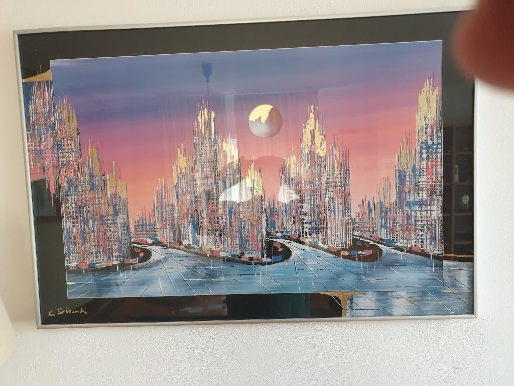 0515 claus schenk zeefdruk stadgezicht toekomst, Ophalen, Schilderij, Minder dan 50 cm