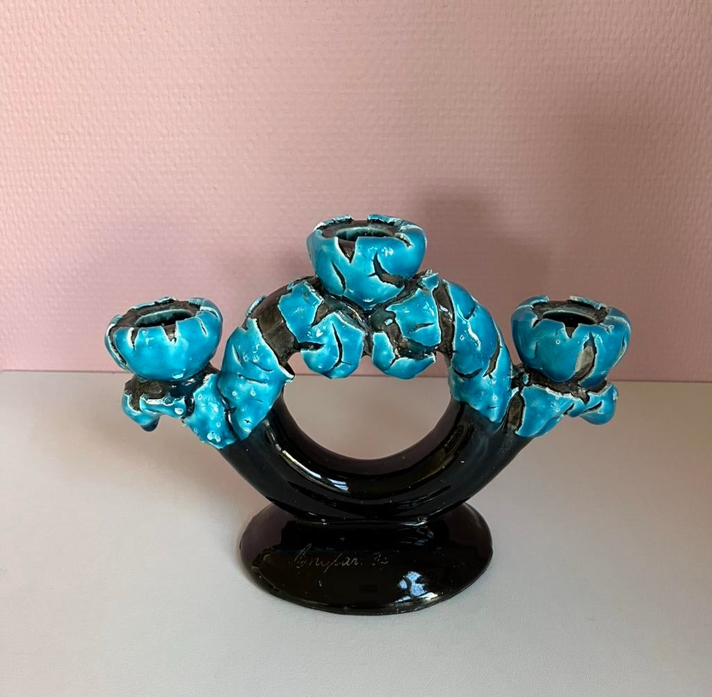 Vintage Vallauris 3 armige kandelaar keramiek blauw zwart, Ophalen of Verzenden