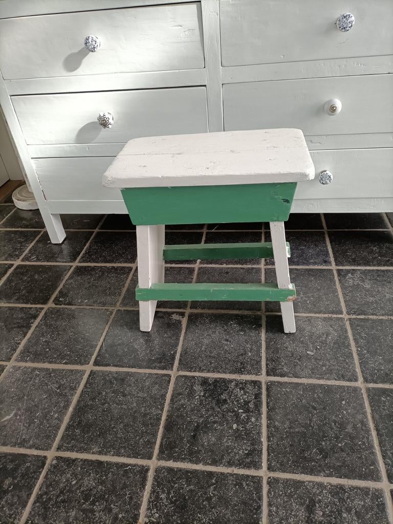Vintage houten krukje wit/groen, Ophalen of Verzenden