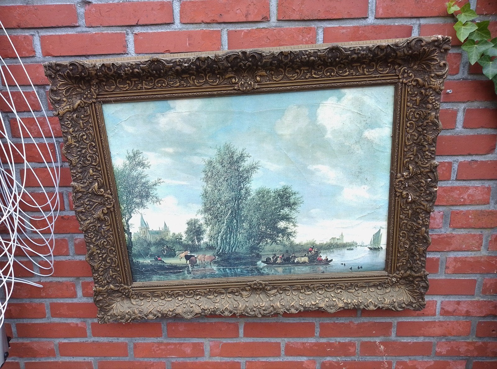 Oud Hollands Landschap Schilderij met Kasteel en Figuren, Ophalen of Verzenden